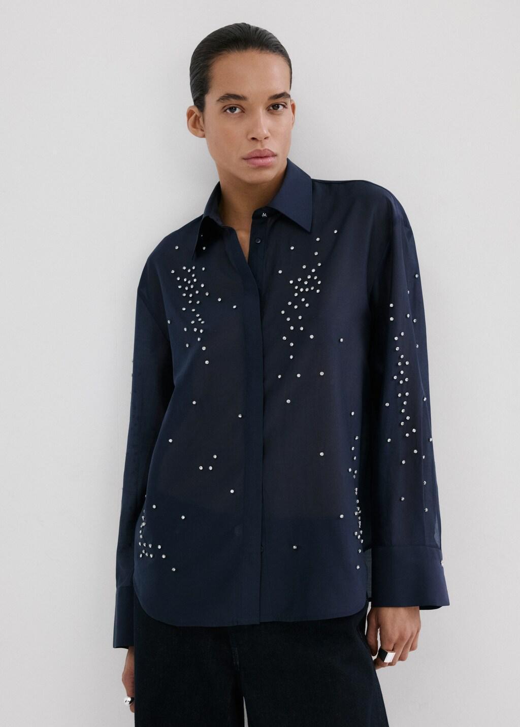Navy Lyocell Shirt With Rhinestones, Navy, large image number 3