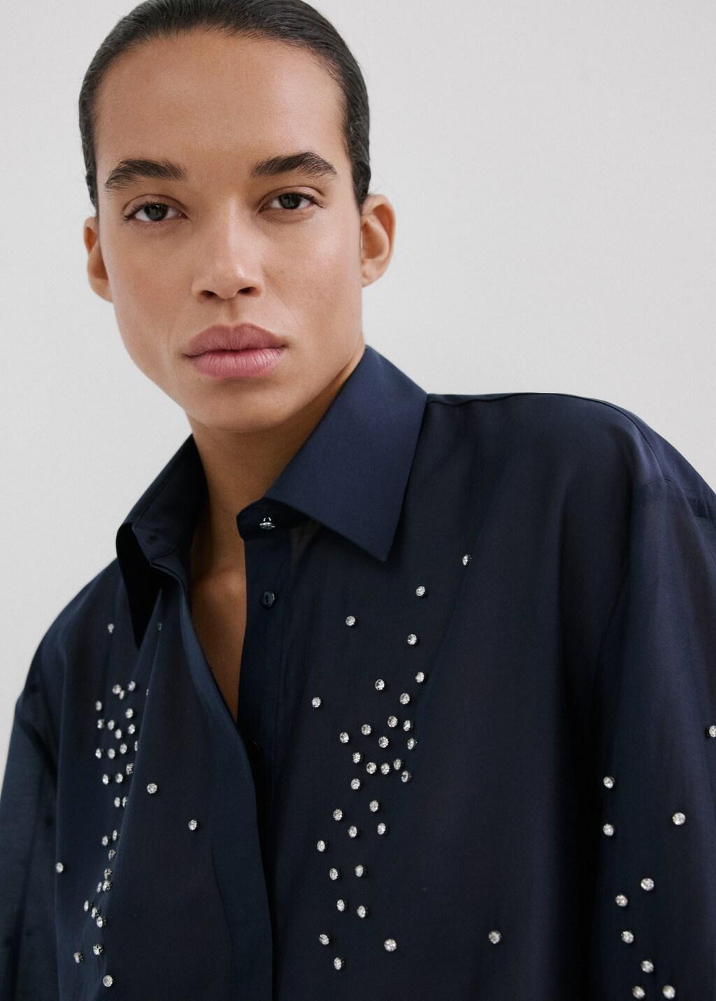 Navy Lyocell Shirt With Rhinestones, 0201_56, large image number 4