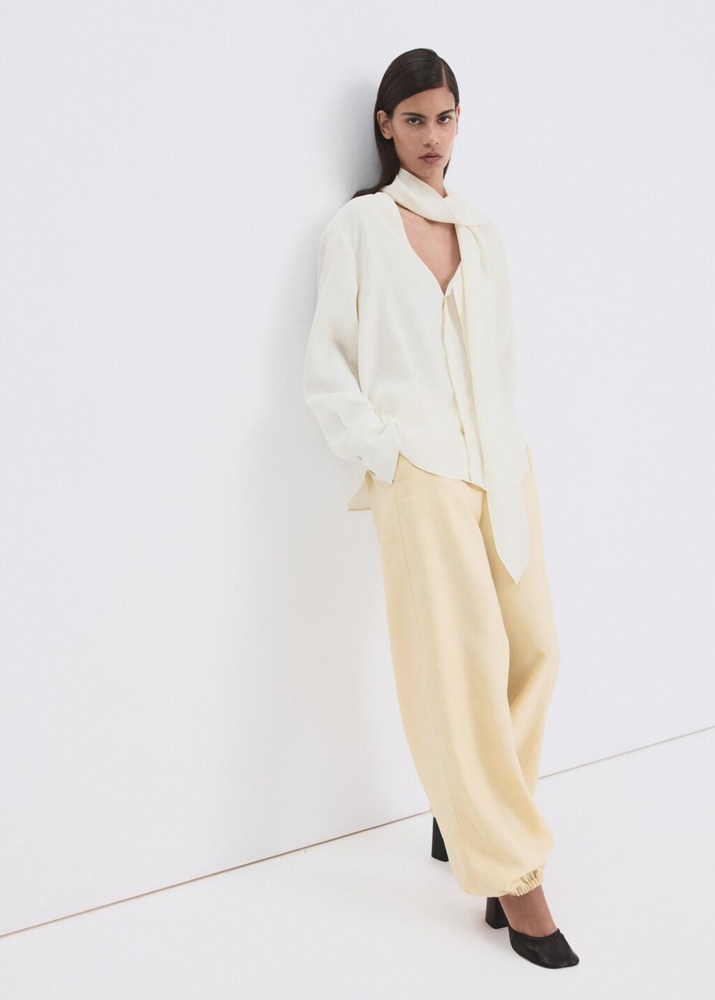 Beige Scarf Collar Blouse, Light Beige, medium