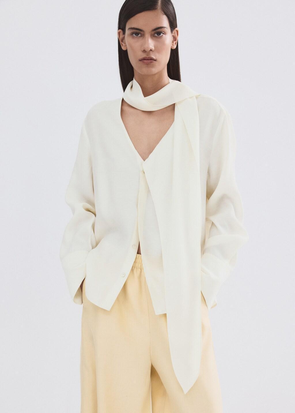 Beige Scarf Collar Blouse, Light Beige, large image number 3