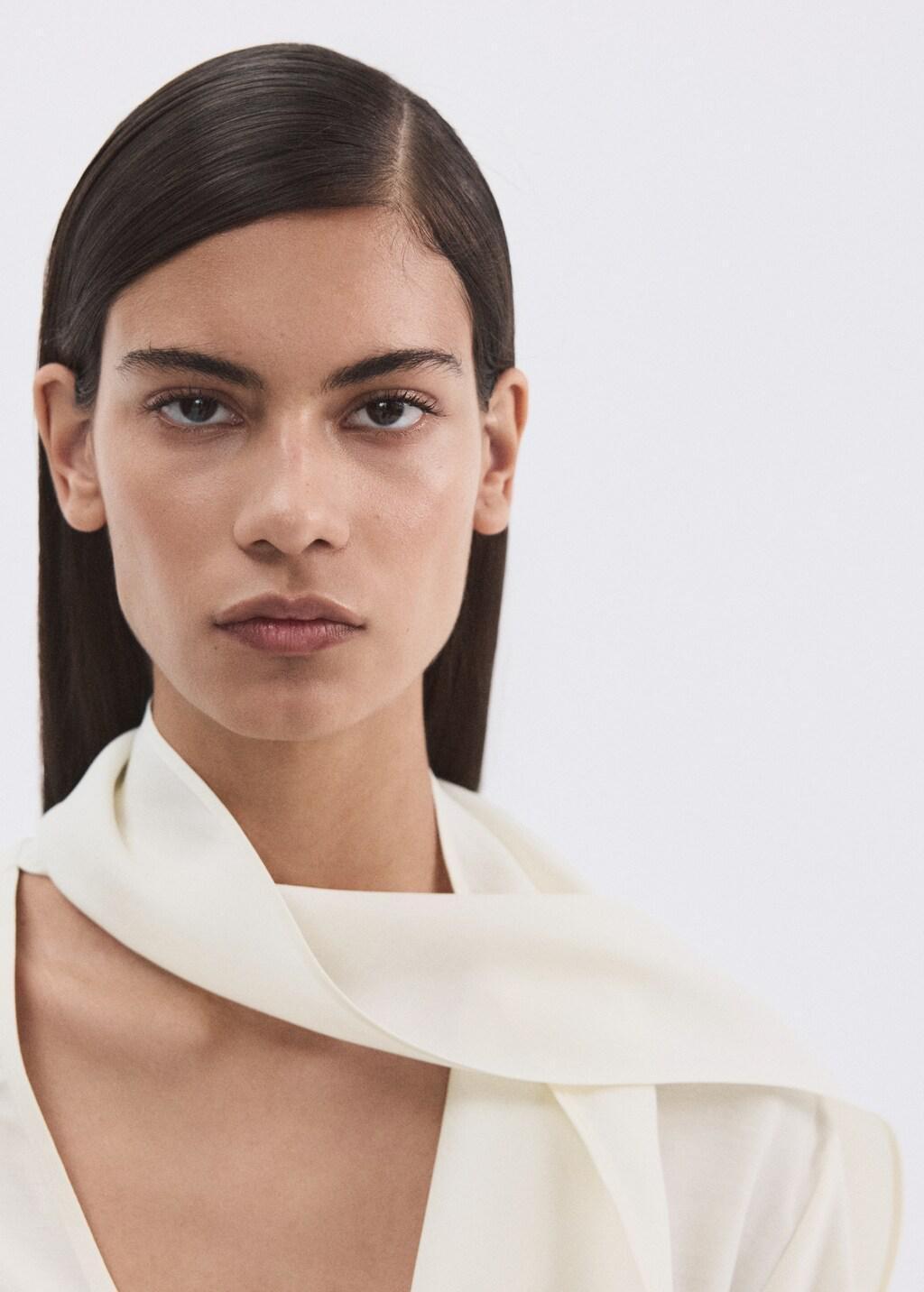 Beige Scarf Collar Blouse, Light Beige, large image number 4