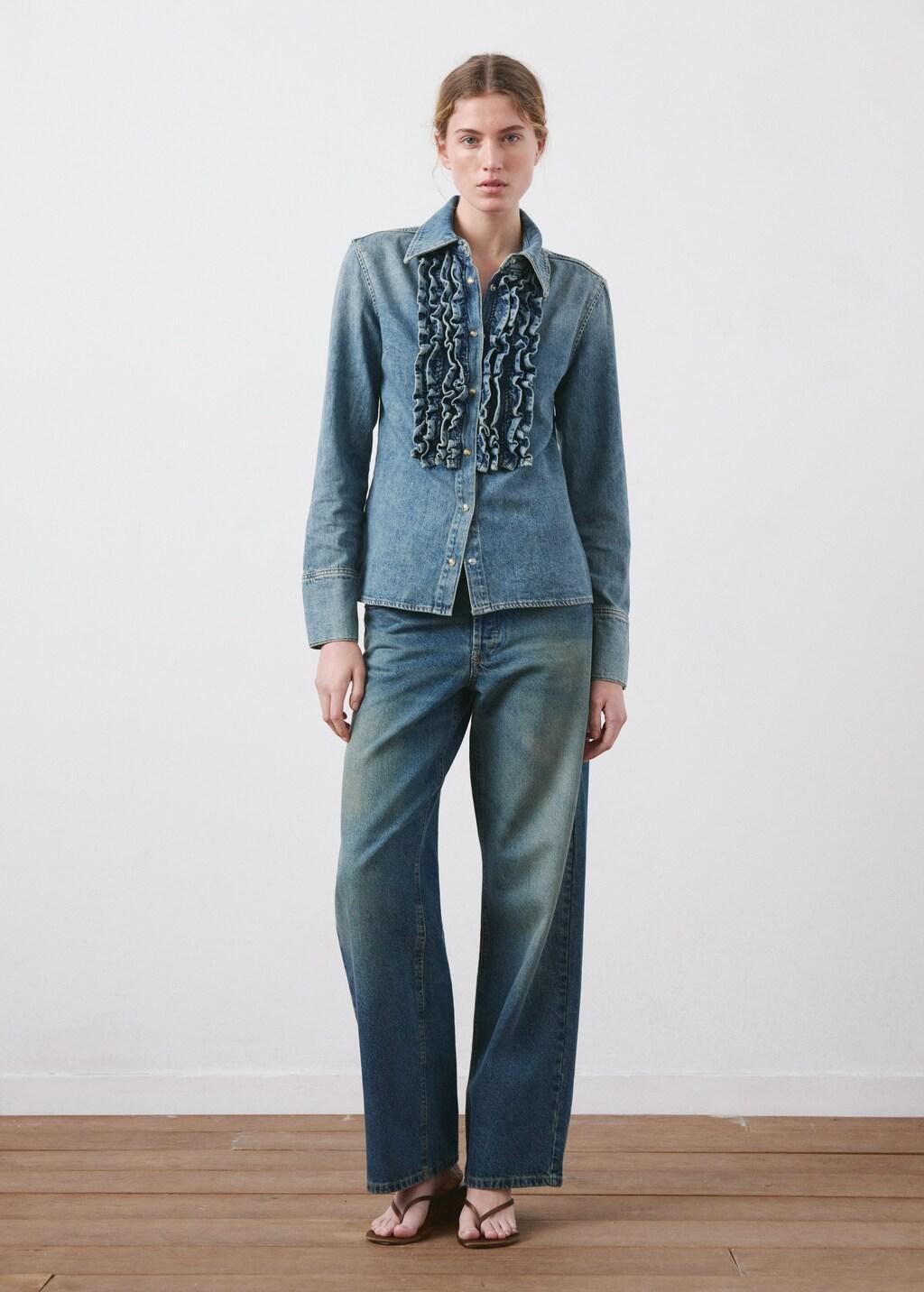 Blue Frilled Denim Blouse, Open Blue, large image number 0