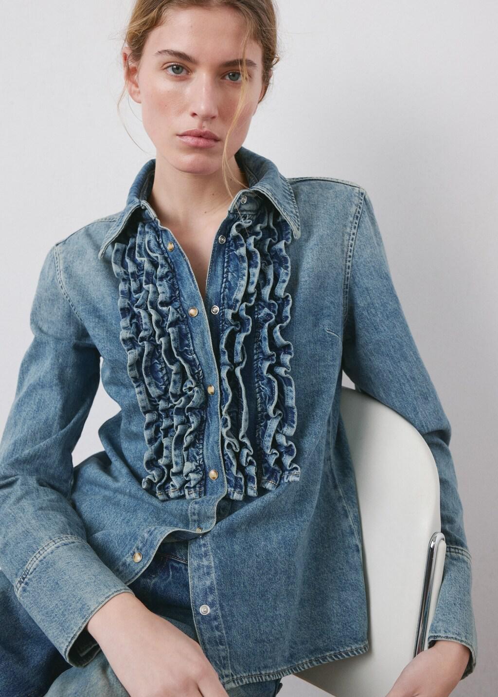 Blue Frilled Denim Blouse, Open Blue, large image number 3