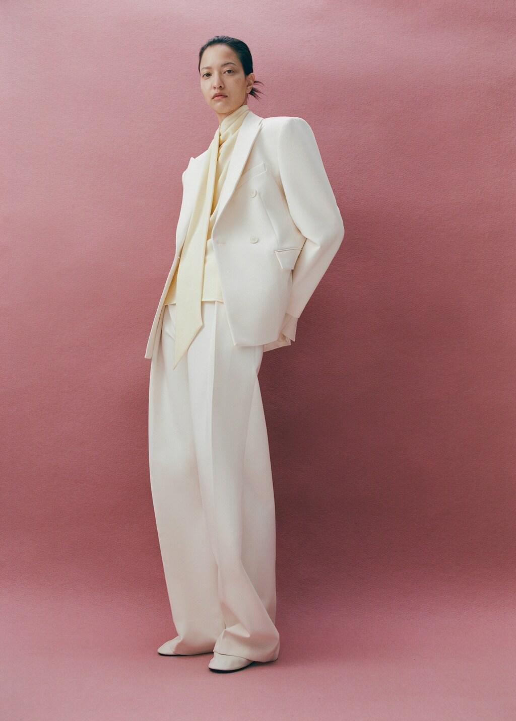 Beige Fitted Double-Breasted Blazer, Light Beige, large image number 0