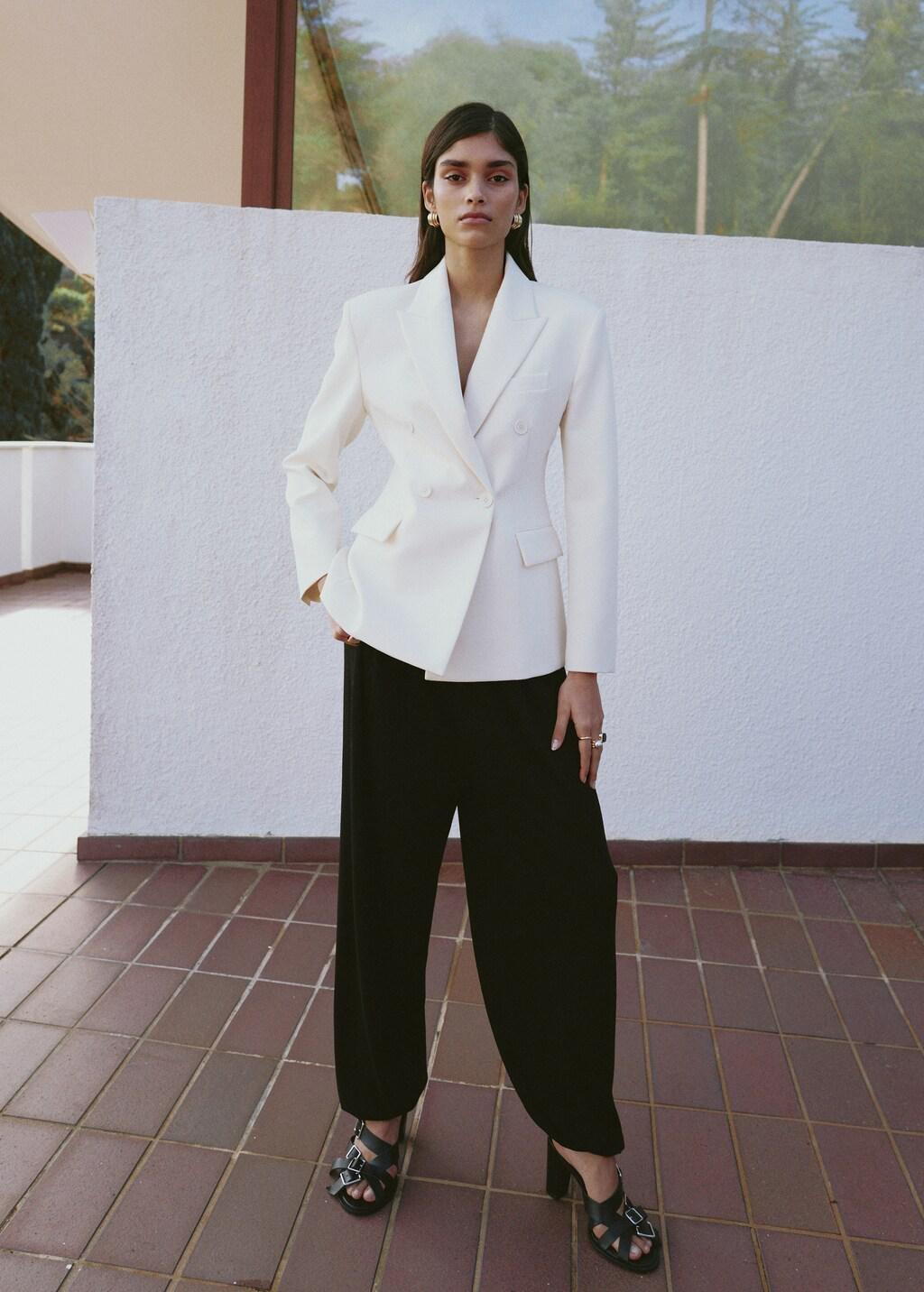 Beige Fitted Double-Breasted Blazer, Light Beige, medium