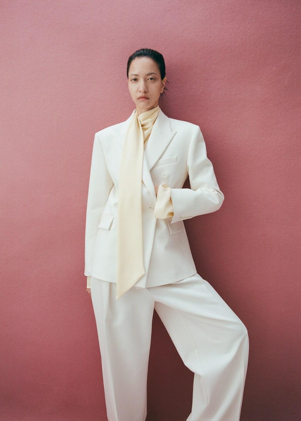 Beige Fitted Double-Breasted Blazer, Light Beige, large image number 3