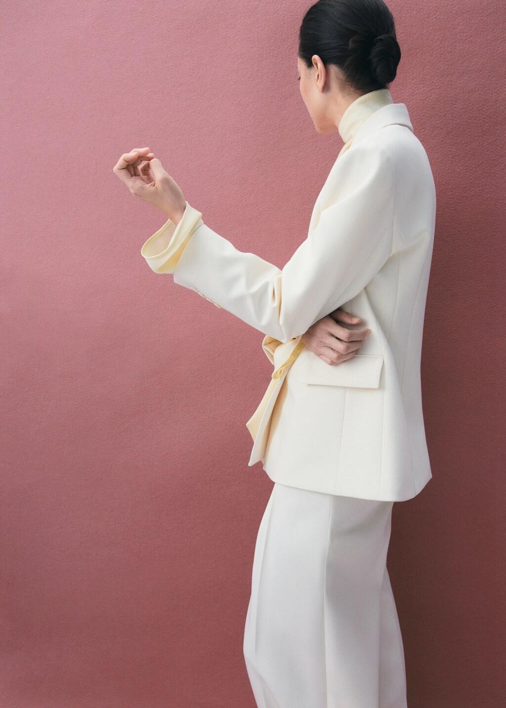 Beige Fitted Double-Breasted Blazer, Light Beige, large image number 6