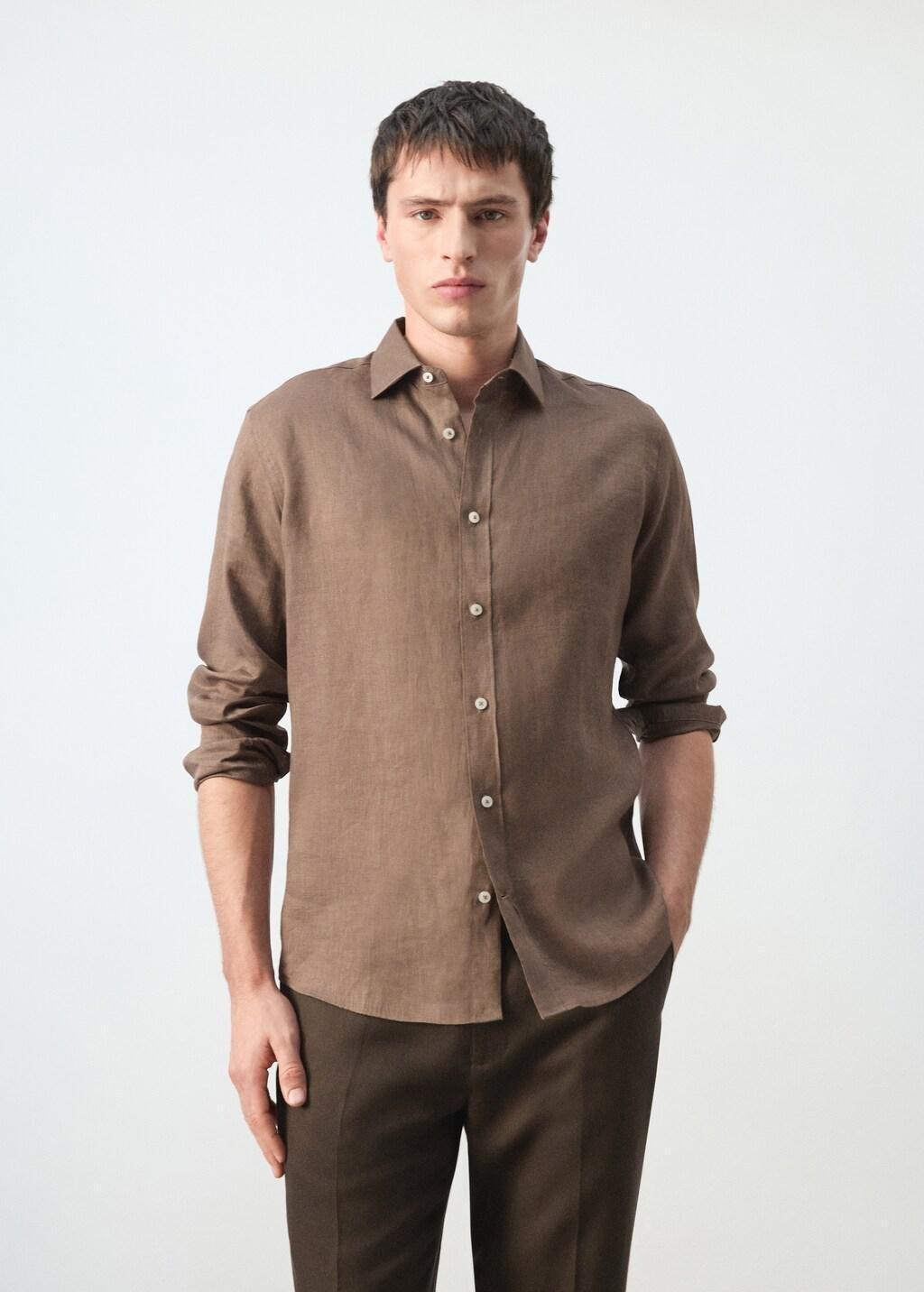 Brown Regular-Fit 100% Linen Shirt, Dark Brown, large image number 3