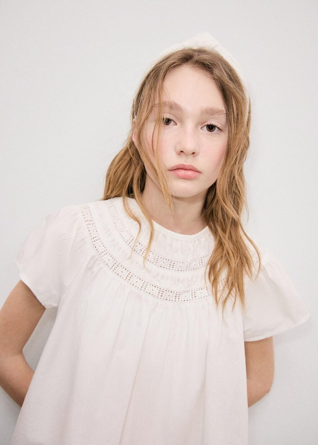 White Cotton Blouse With Openwork Details, Kids Girl, White, large image number 2