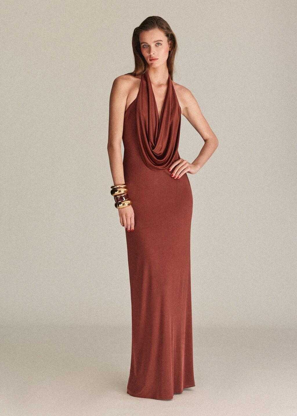 Brown Satin Knit Dress With A Draped Neckline, Brown, medium