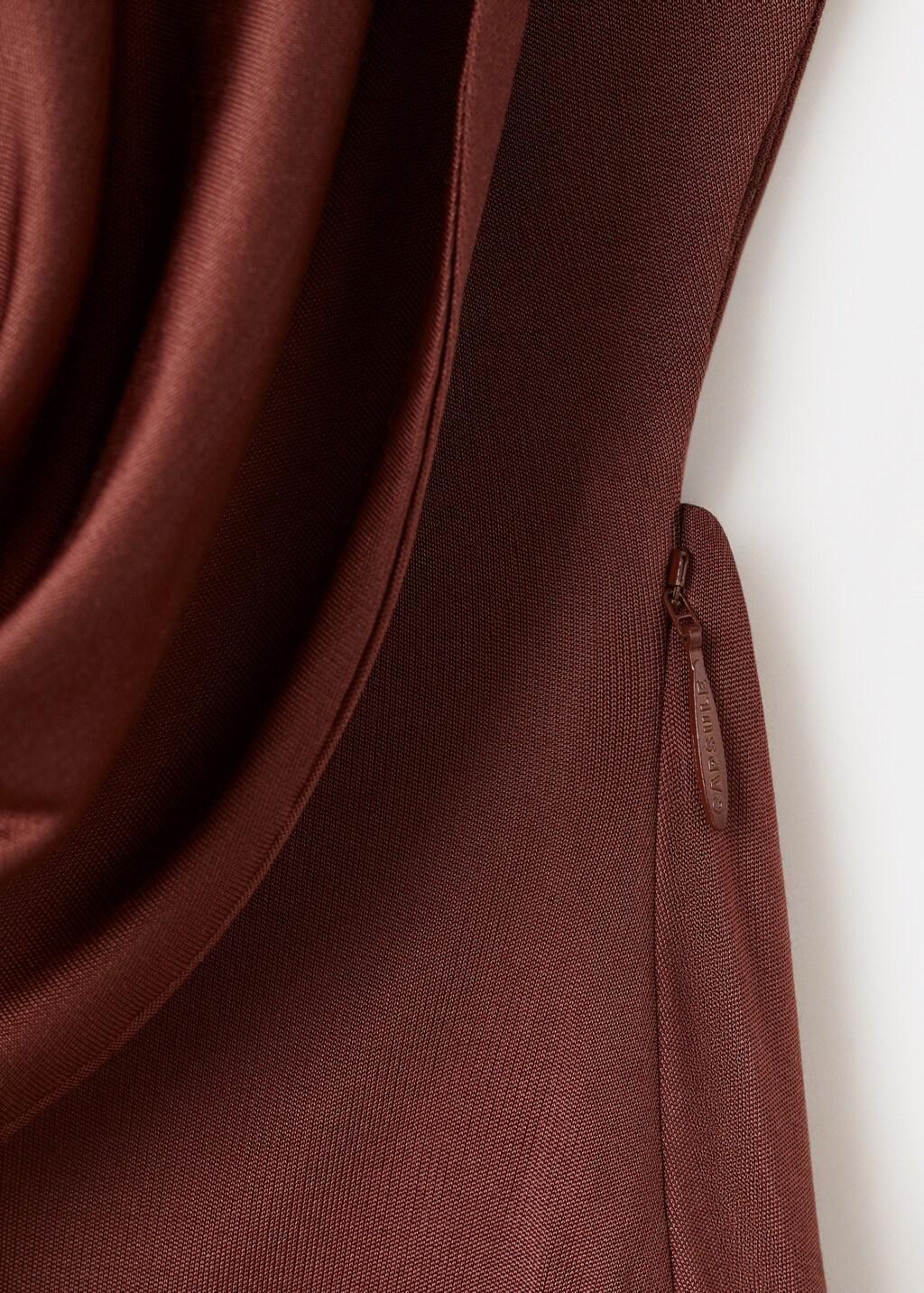 Brown Satin Knit Dress With A Draped Neckline, Brown, large image number 1