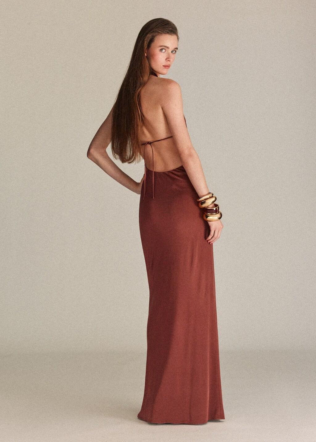 Brown Satin Knit Dress With A Draped Neckline, Brown, large image number 2