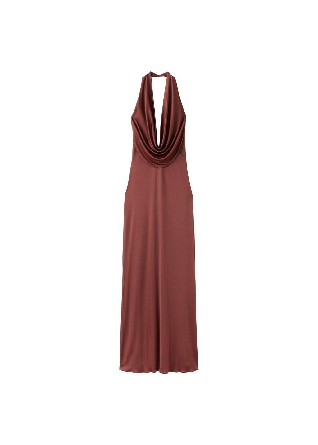 Brown Satin Knit Dress With A Draped Neckline, Brown, large image number 5