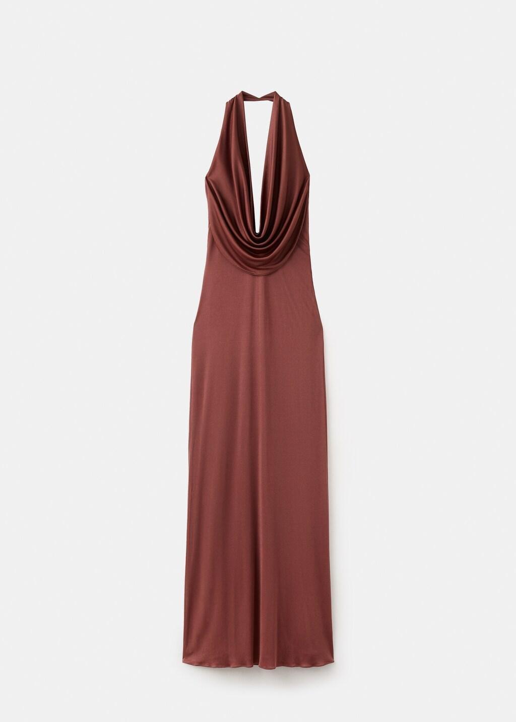 Brown Satin Knit Dress With A Draped Neckline, Brown, large image number 6