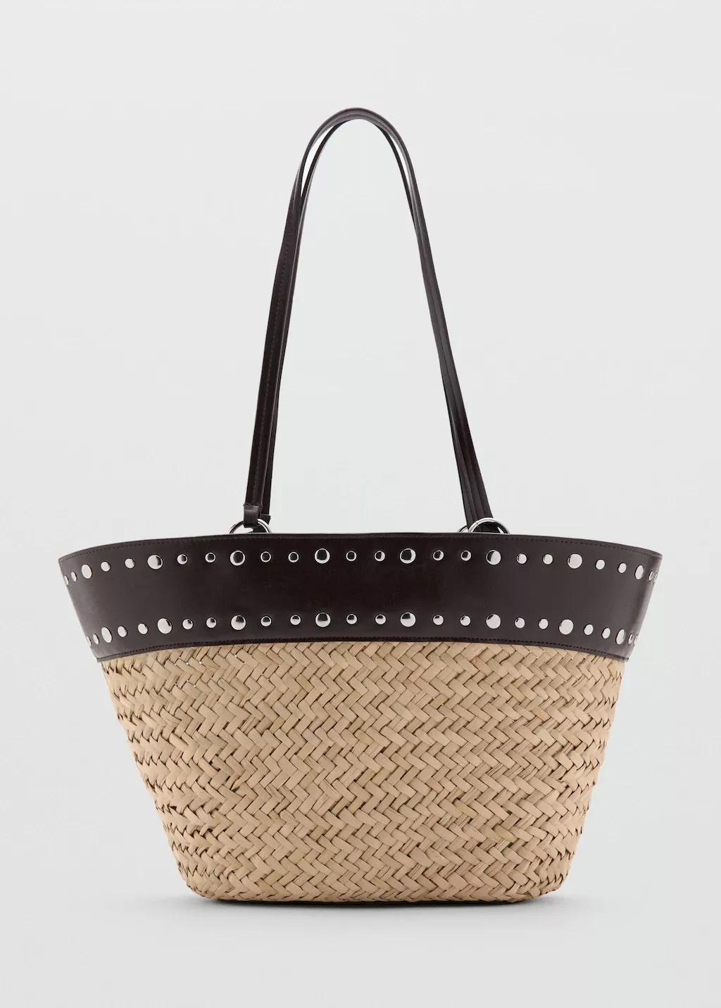 Brown Natural Fibre Basket With Studs, Dark Brown, large image number 4
