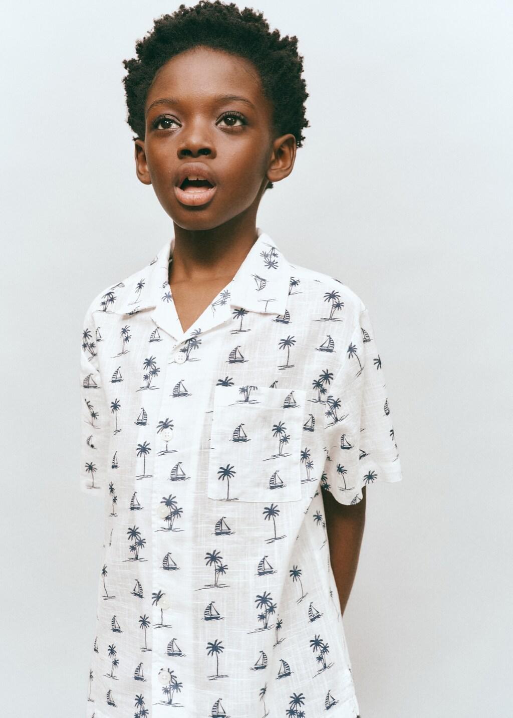 White Palm Tree Print Cotton Shirt, Kids Boy, Natural White, large image number 2