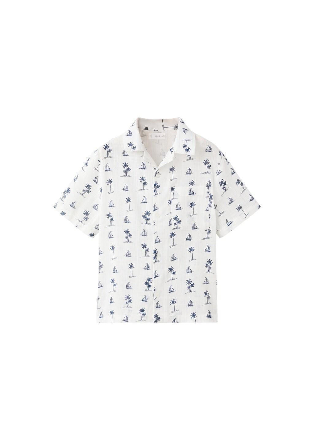 White Palm Tree Print Cotton Shirt, Kids Boy, Natural White, large image number 4