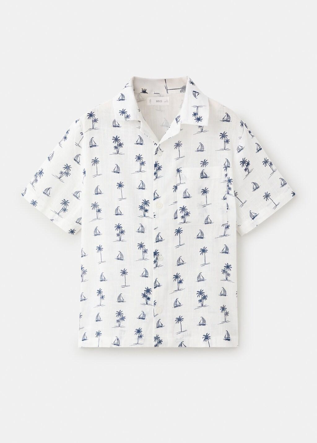 White Palm Tree Print Cotton Shirt, Kids Boy, Natural White, large image number 5
