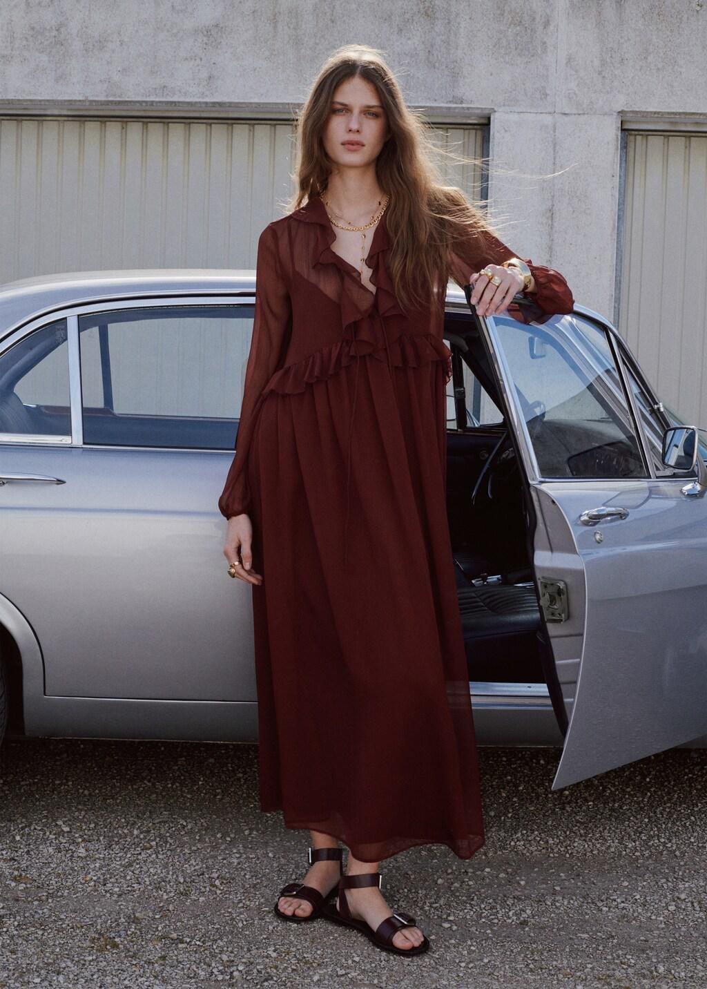 Brown Ruffles Flowy Dress, Brown, large image number 0