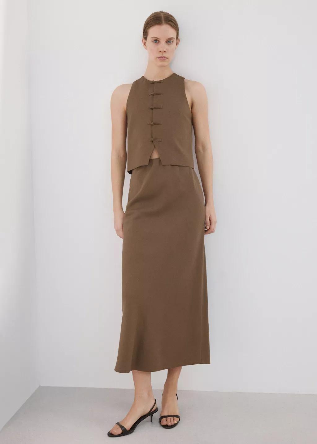 Brown Linen-Blend Straight Skirt, Brown, large image number 0