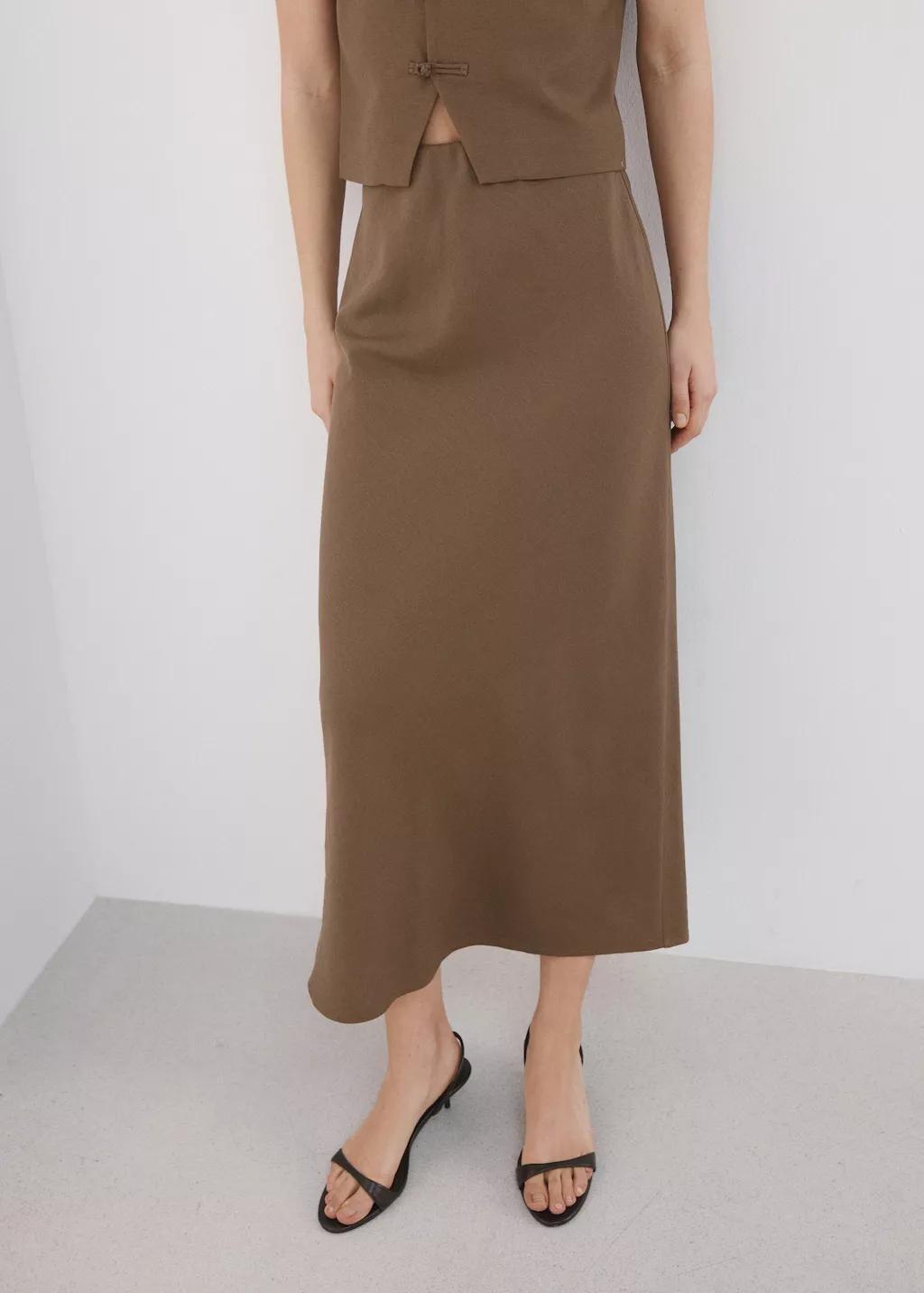 Brown Linen-Blend Straight Skirt, Brown, large image number 3