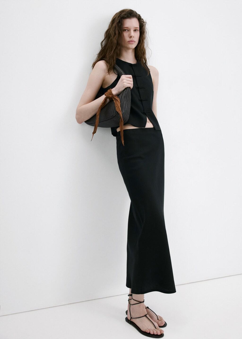 Black Linen-Blend Straight Skirt, 0201_99, medium