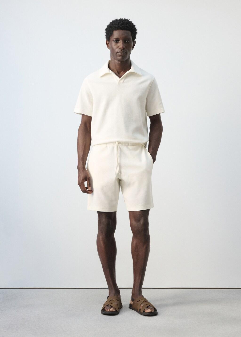 White Textured Cotton Bermuda Shorts With Drawstring, White, large image number 0