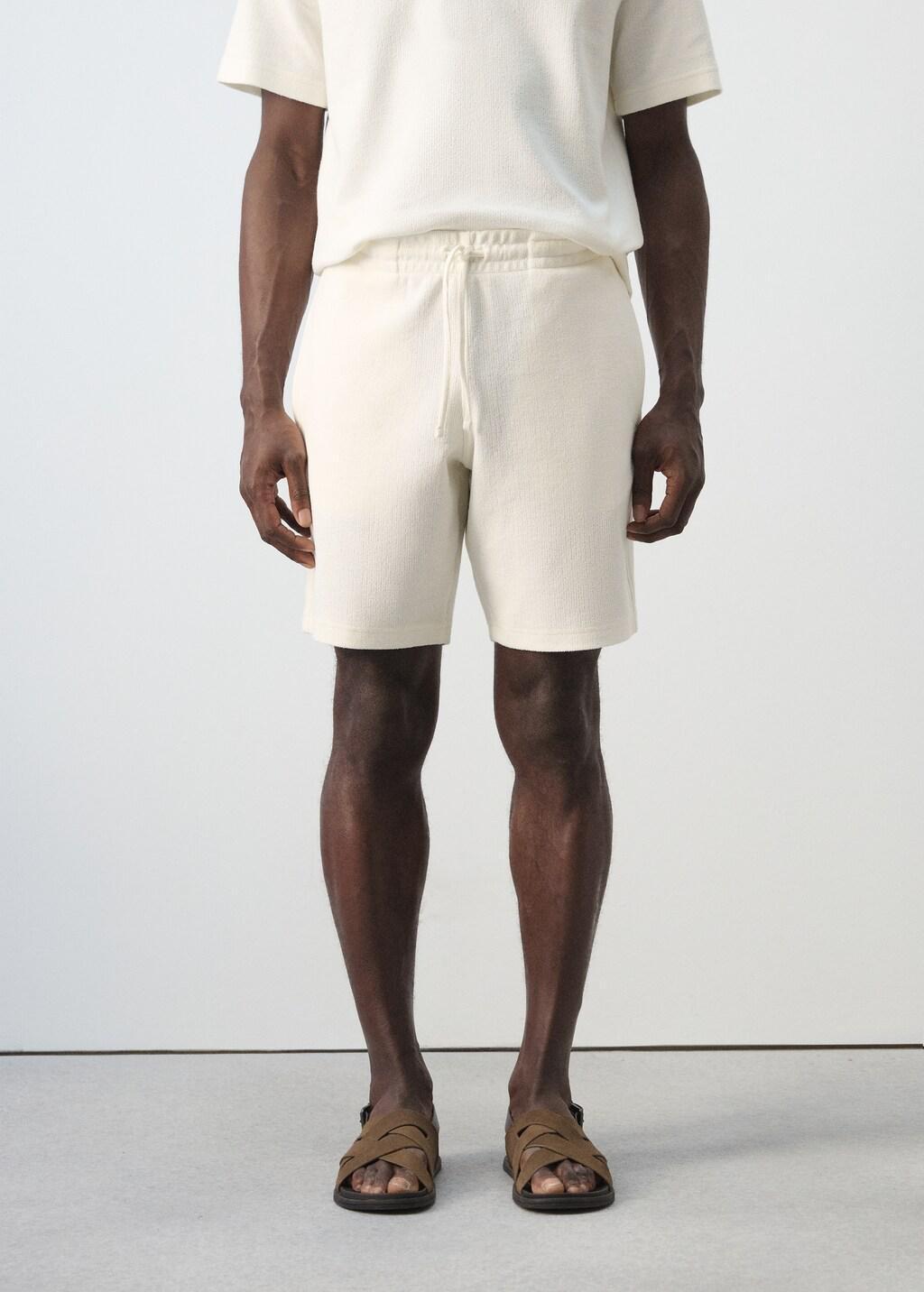 White Textured Cotton Bermuda Shorts With Drawstring, White, large image number 3