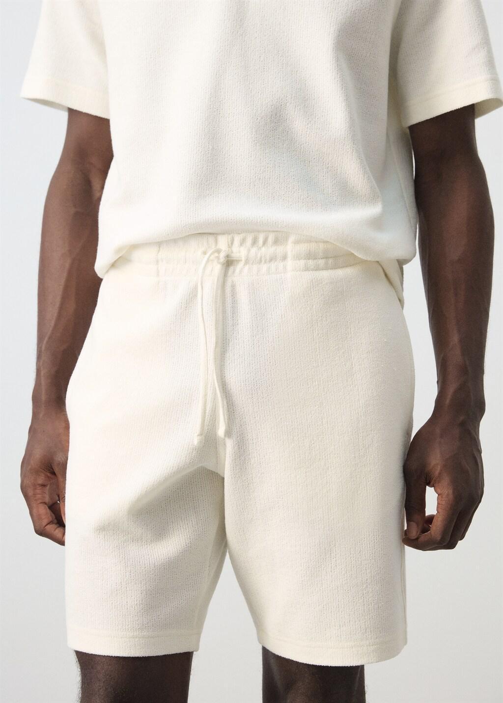 White Textured Cotton Bermuda Shorts With Drawstring, White, large image number 4