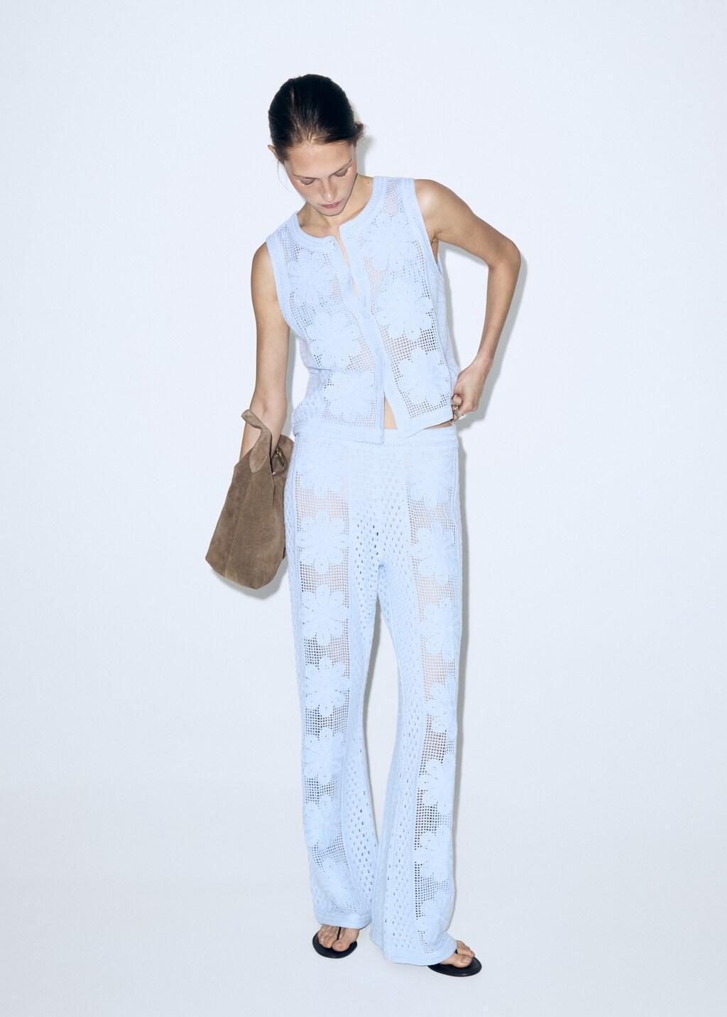 Blue Lt Pastel Broderie Anglaise Straight-Leg Trousers, Light-Pastel Blue, large image number 0