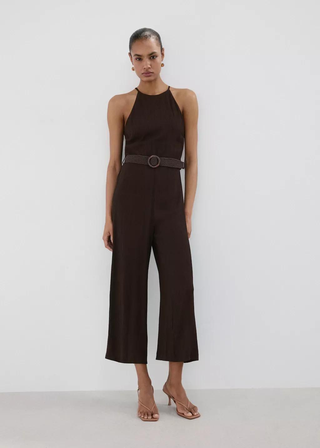 DARK BROWN Halter-neck jumpsuit with belt, 0201_32, large image number 0