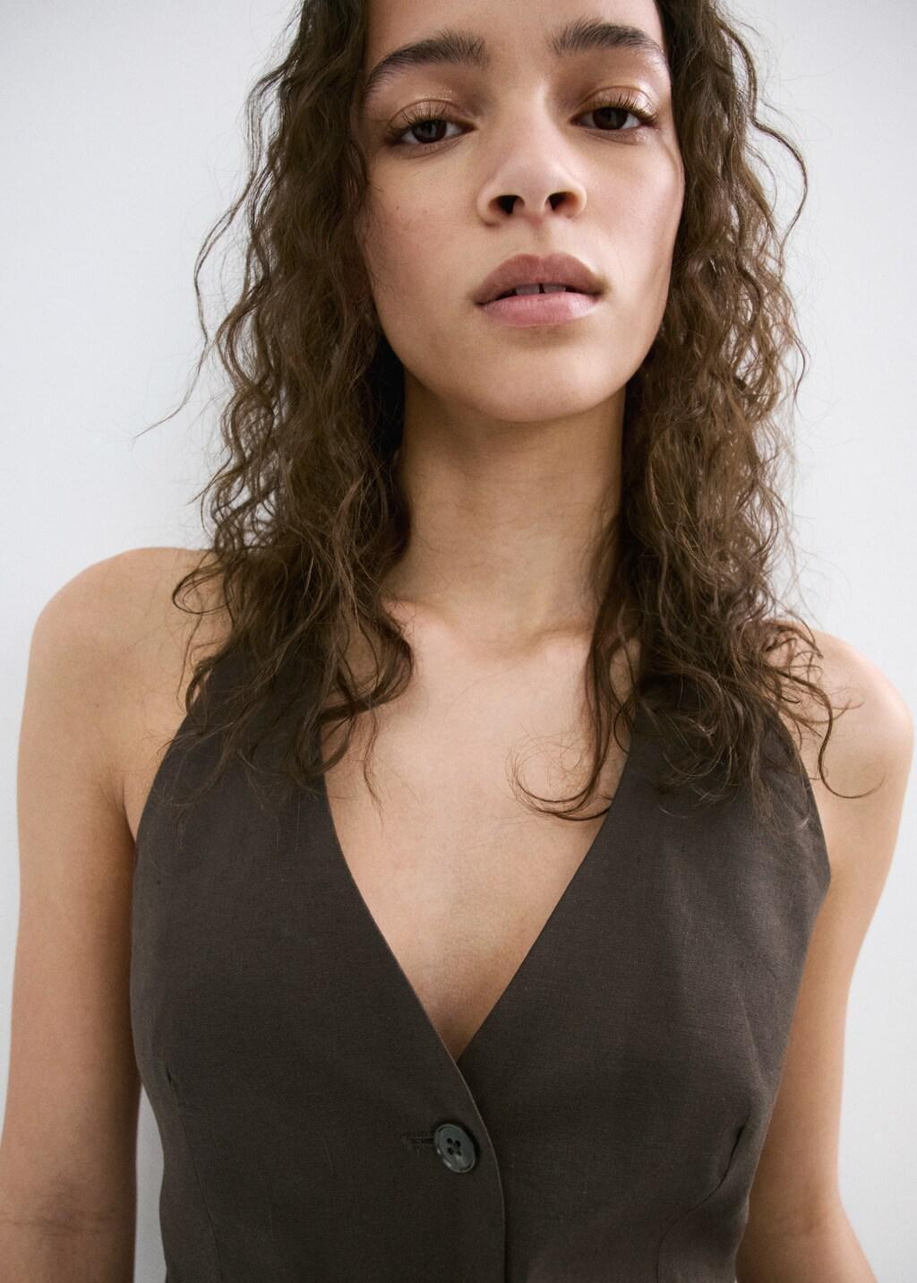 Brown Halter Neck Linen Waistcoat, Dark Brown, large image number 3