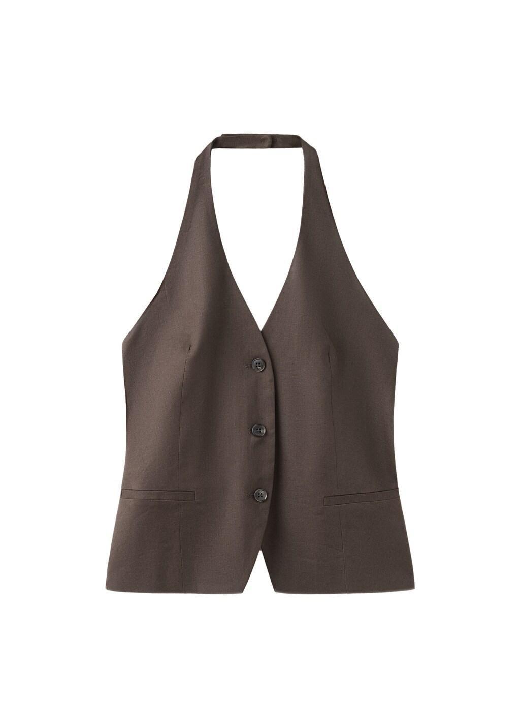 Brown Halter Neck Linen Waistcoat, Dark Brown, large image number 6