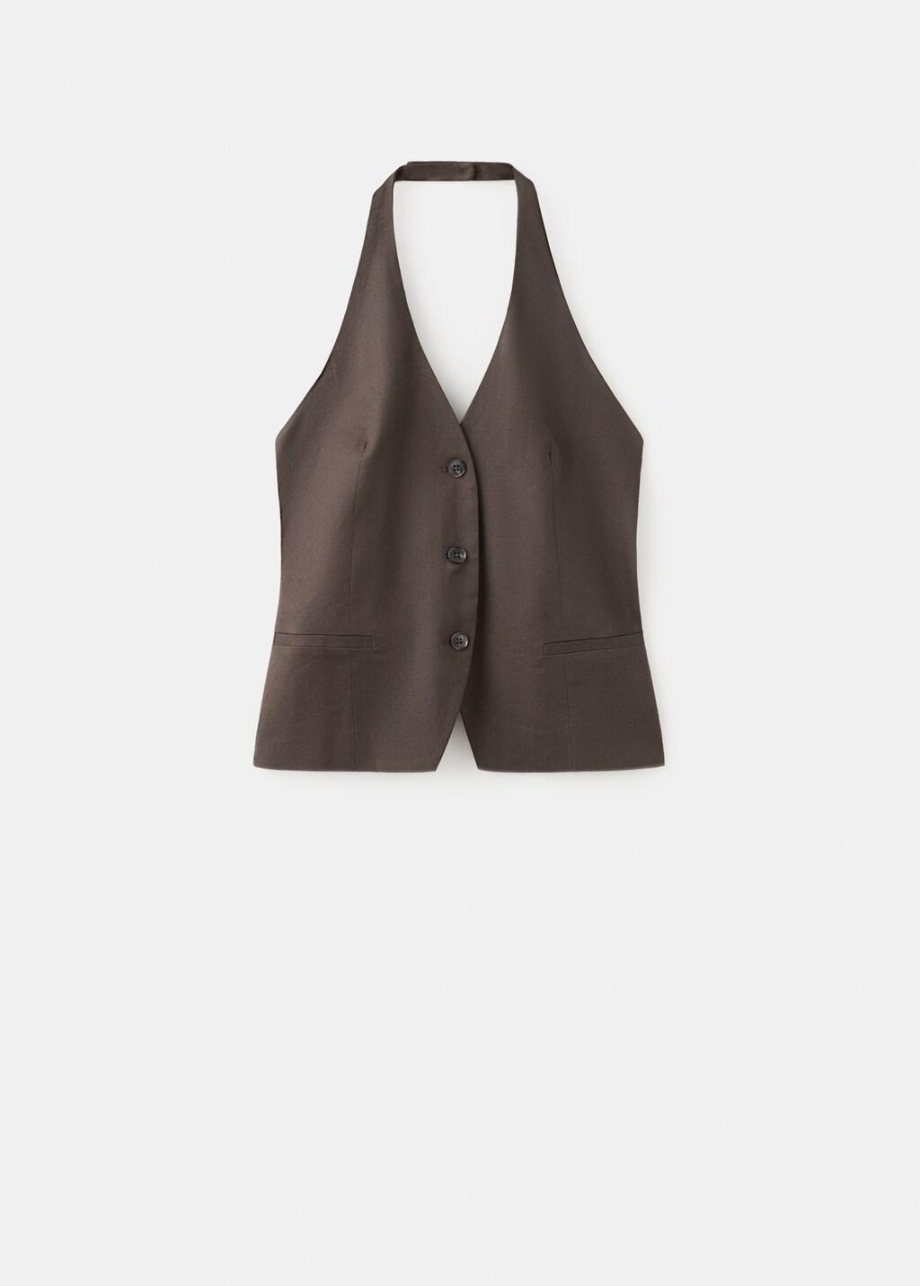 Brown Halter Neck Linen Waistcoat, Dark Brown, large image number 7