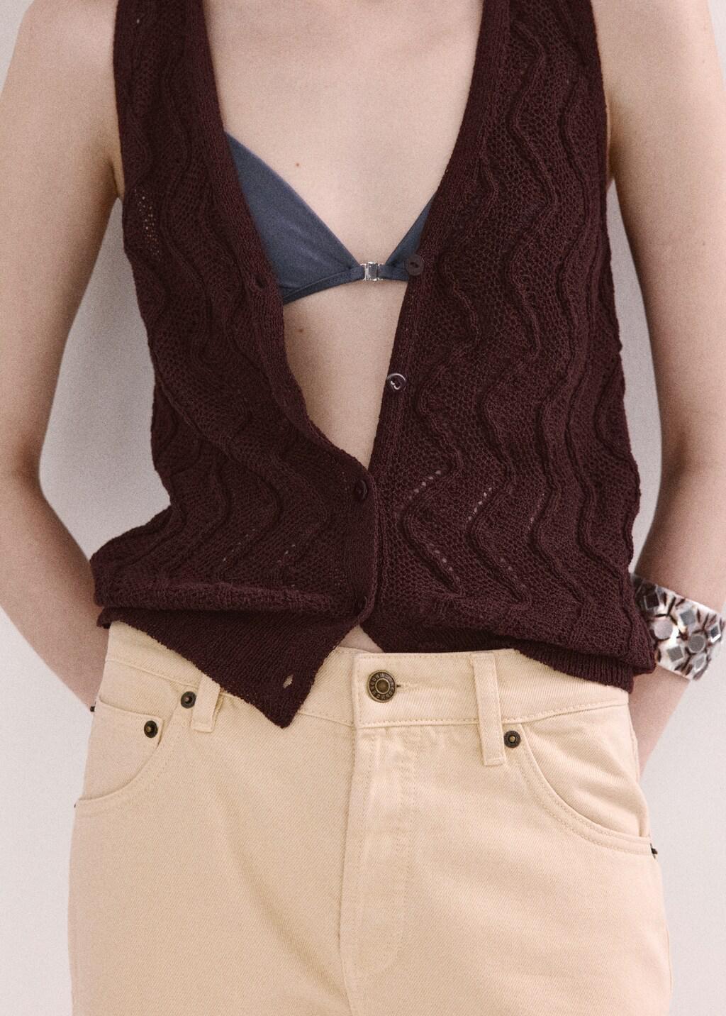 Brown Openwork Knit V-Neck Gilet, Dark Brown, large image number 5