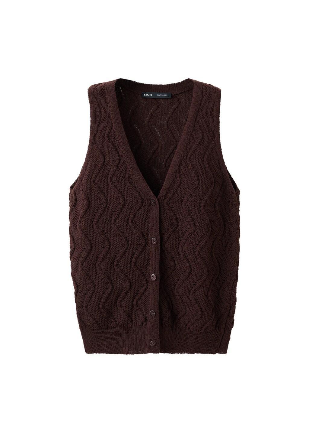 Brown Openwork Knit V-Neck Gilet, Dark Brown, large image number 6