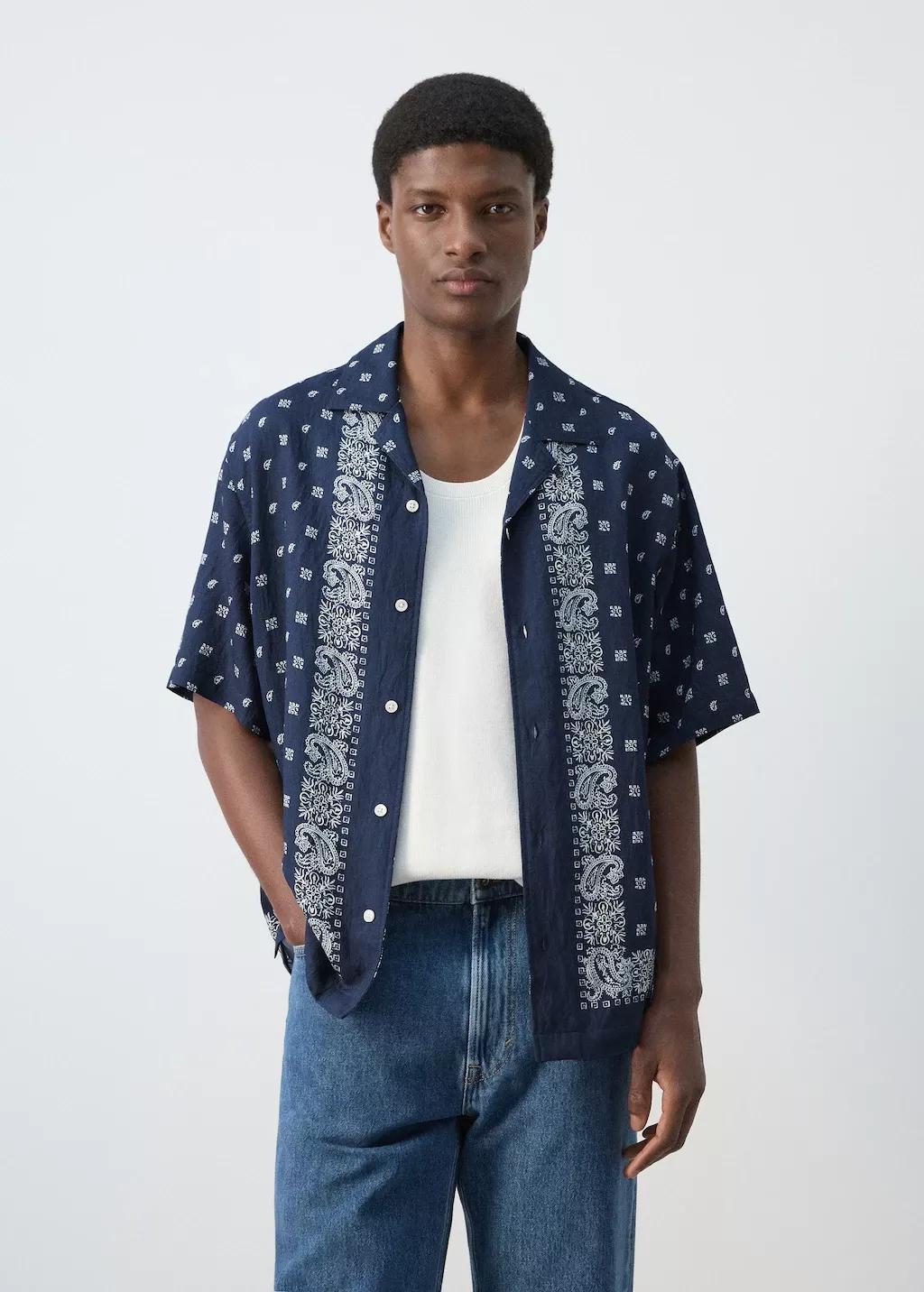 Navy Printed Fluid Regular-Fit Shirt, 0201_56, large image number 3