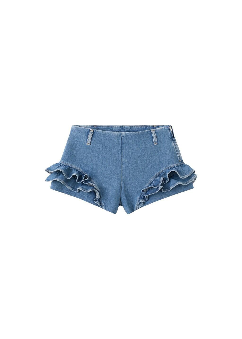Blue Frilled Denim Mini Shorts, Open Blue, large image number 6