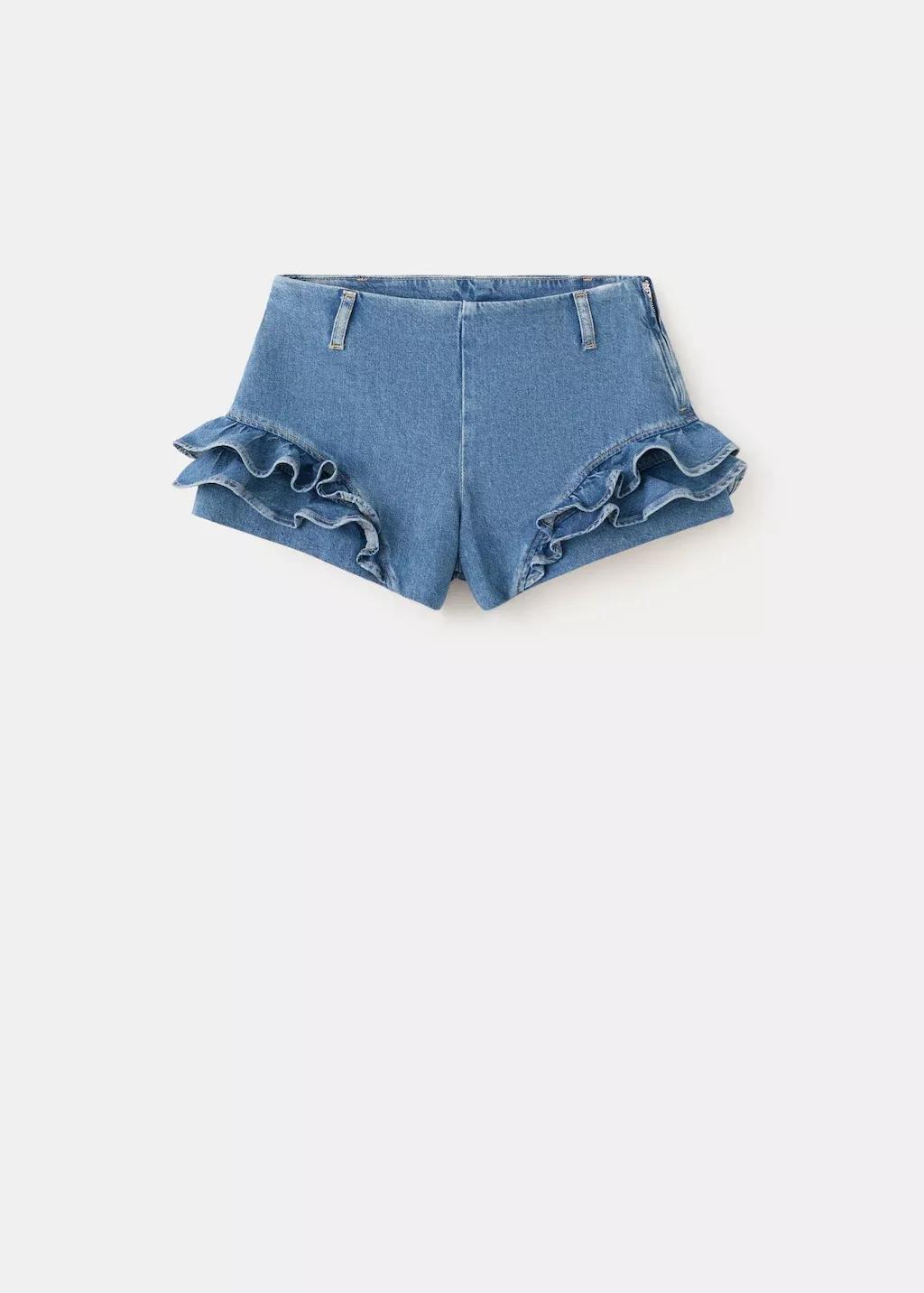 Blue Frilled Denim Mini Shorts, Open Blue, large image number 7