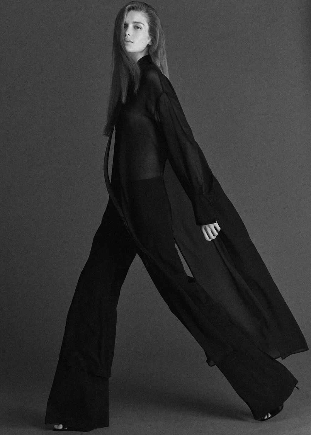 Black Long Silk Shirt With Foulard, Black, medium