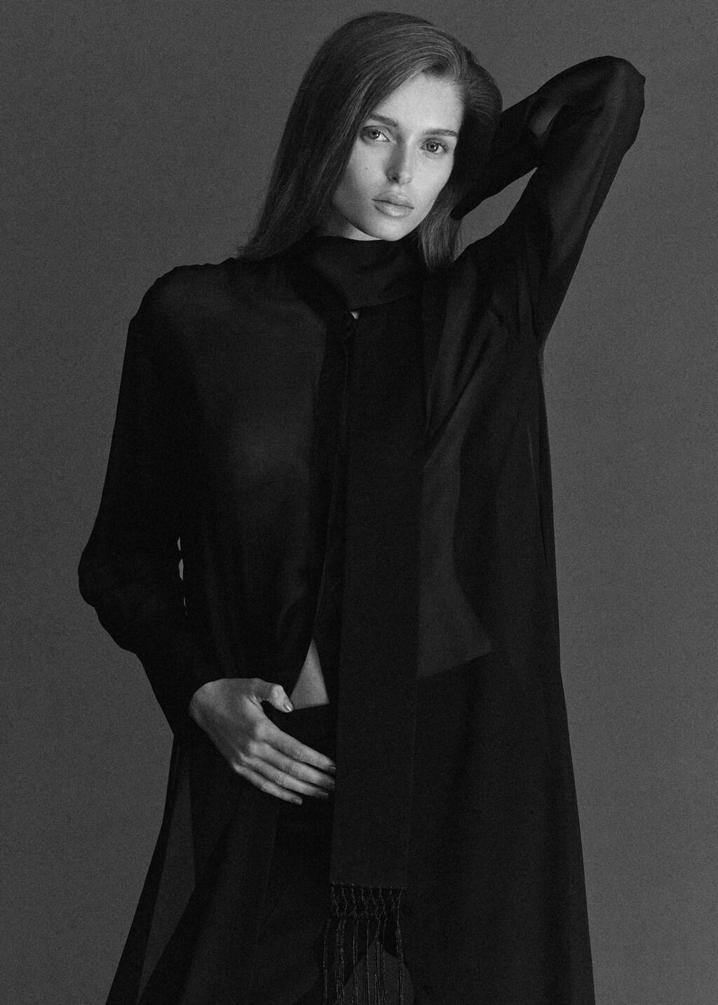 Black Long Silk Shirt With Foulard, Black, large image number 3