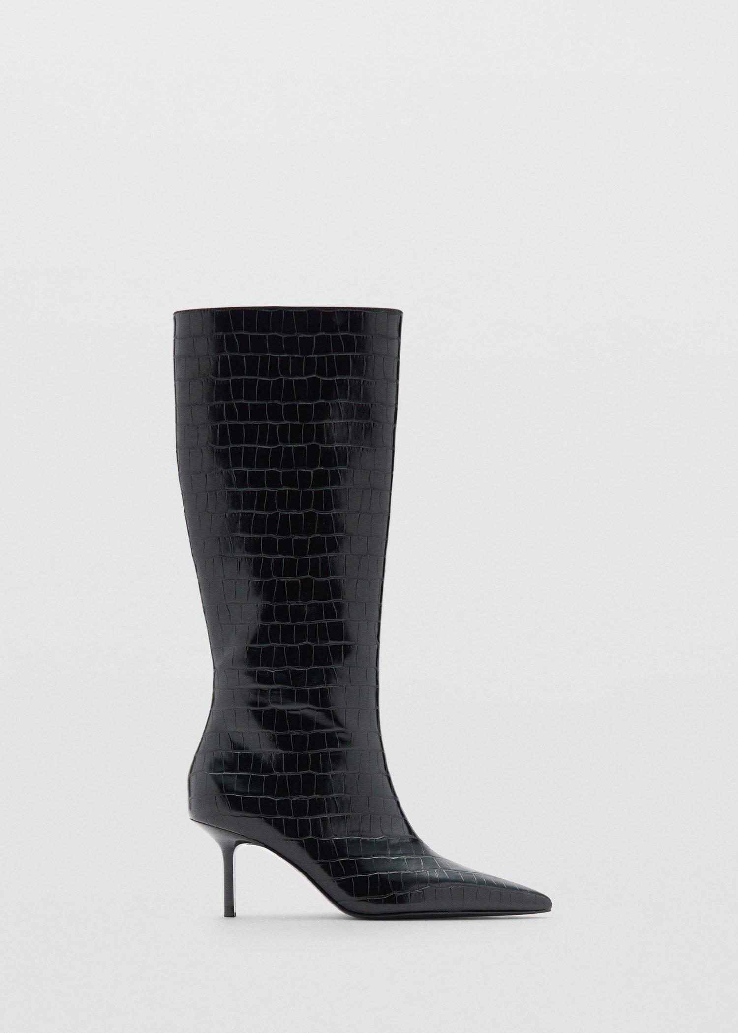 Black Croc-Effect Tall Boots, Black, large image number 0
