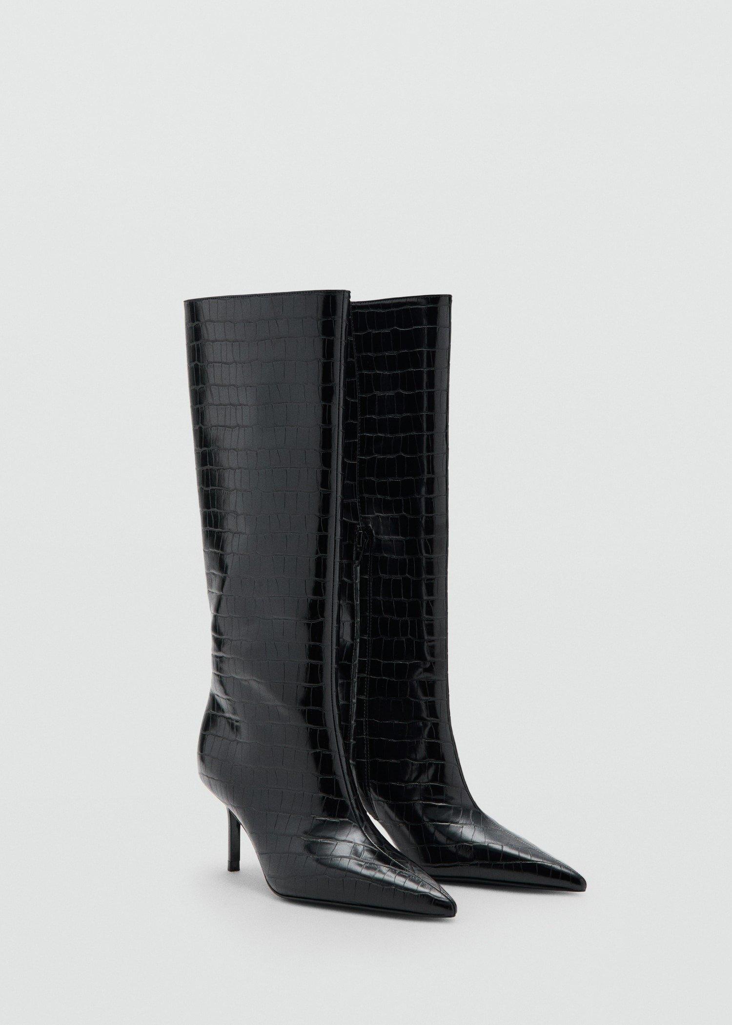 Black Croc-Effect Tall Boots, Black, medium