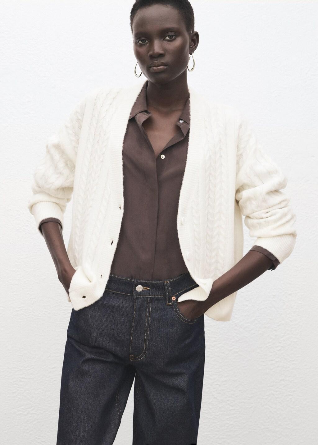 Beige Knitted Braided Cardigan, Light Beige, large image number 3