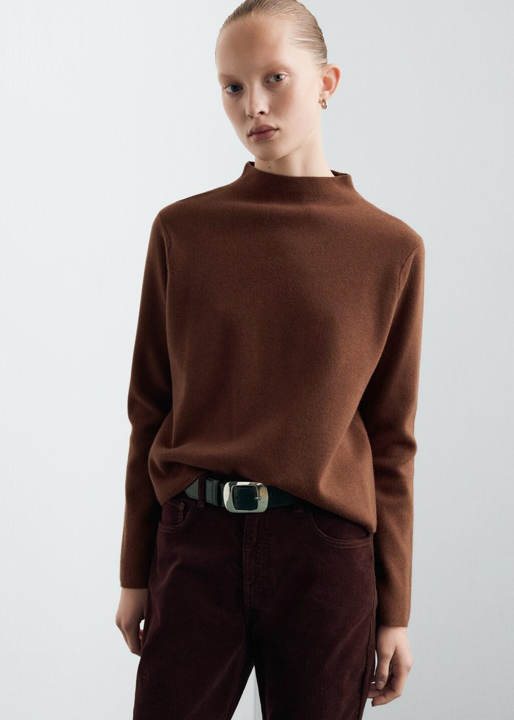 Brown Knitted Sweater With Perkins Neck, Dark Brown, large image number 3