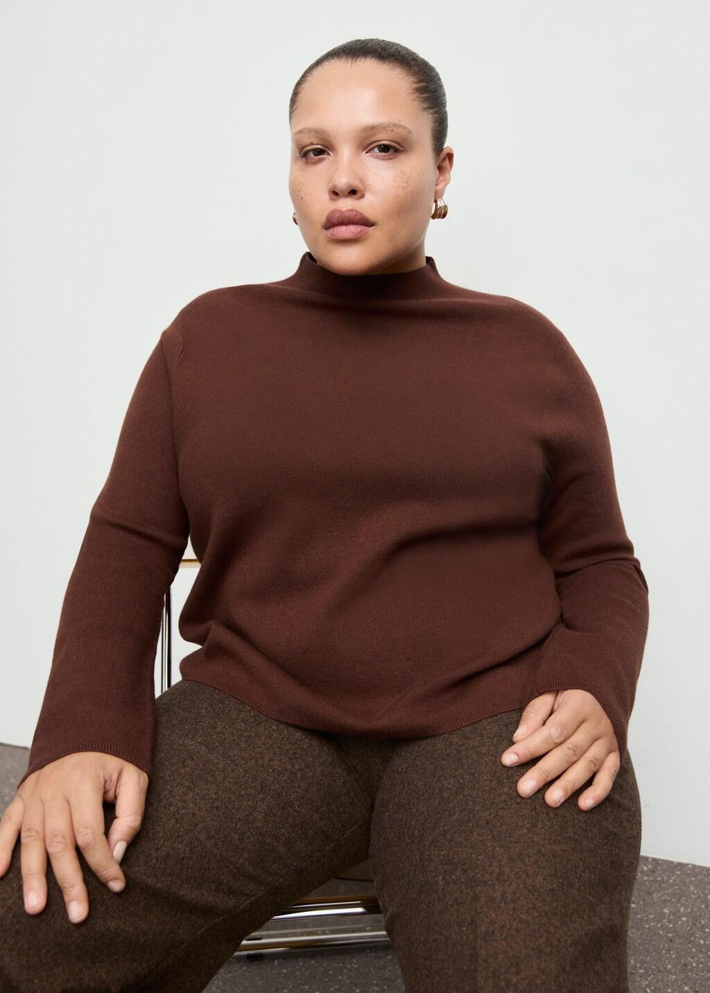 Brown Knitted Sweater With Perkins Neck, Dark Brown, large image number 6
