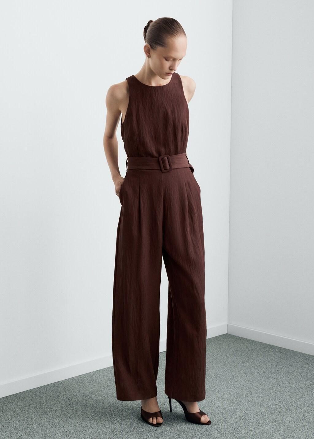 Brown Lyocell Jumpsuit With Belt, Brown, medium