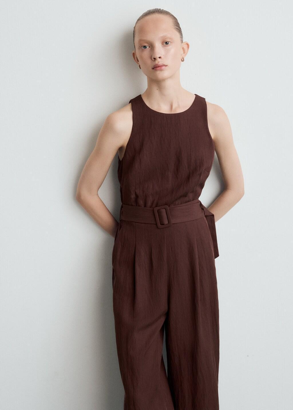 Brown Lyocell Jumpsuit With Belt, Brown, large image number 3