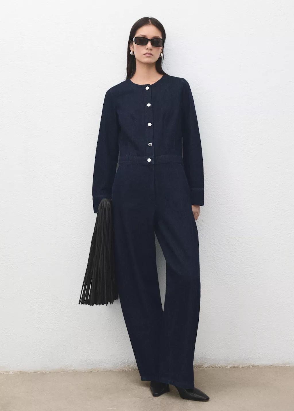 Navy Buttons Denim Jumpsuit, Open Blue, medium