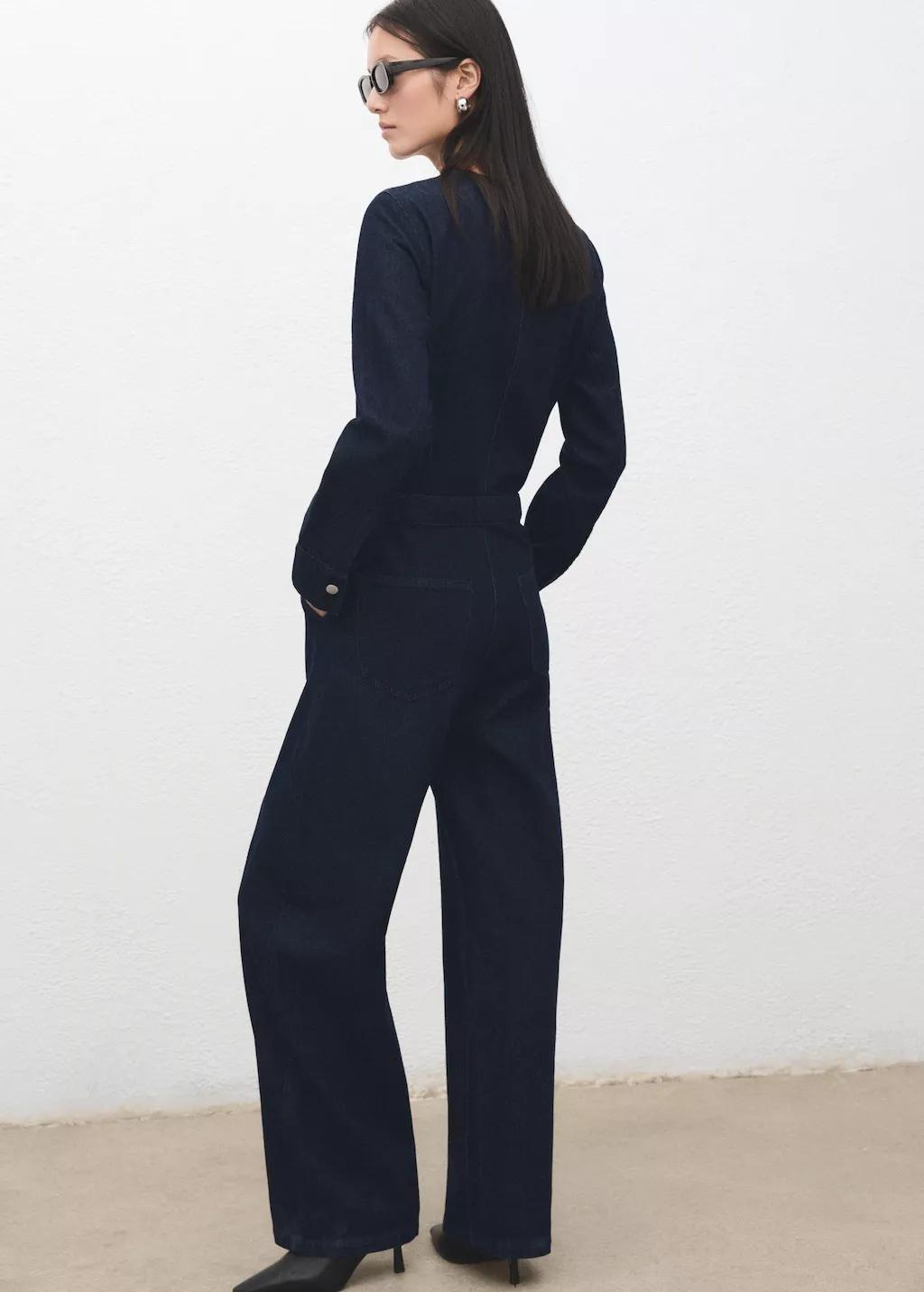 Navy Buttons Denim Jumpsuit, Open Blue, medium